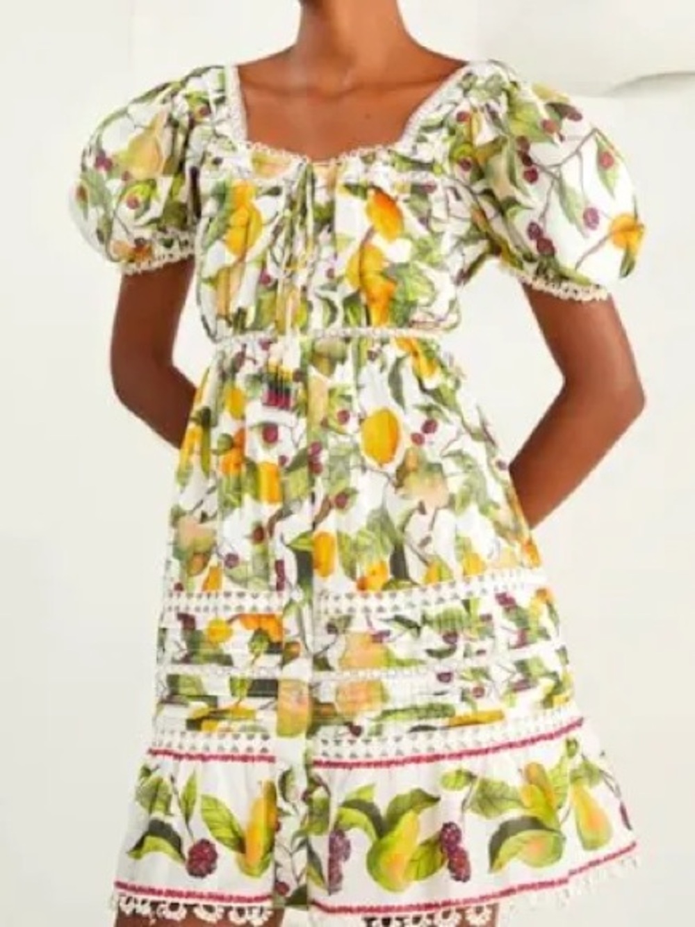 Farm Rio Fruit Orchard Mini Dress Women M White Citrus Lace Trim